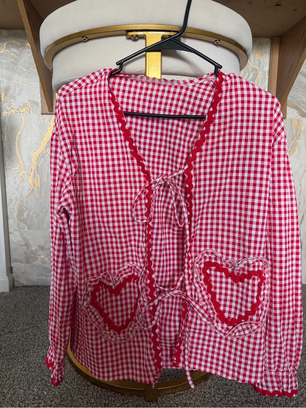 Fashion Nova Red White Gingham Heart Pocket Tie-Front Top